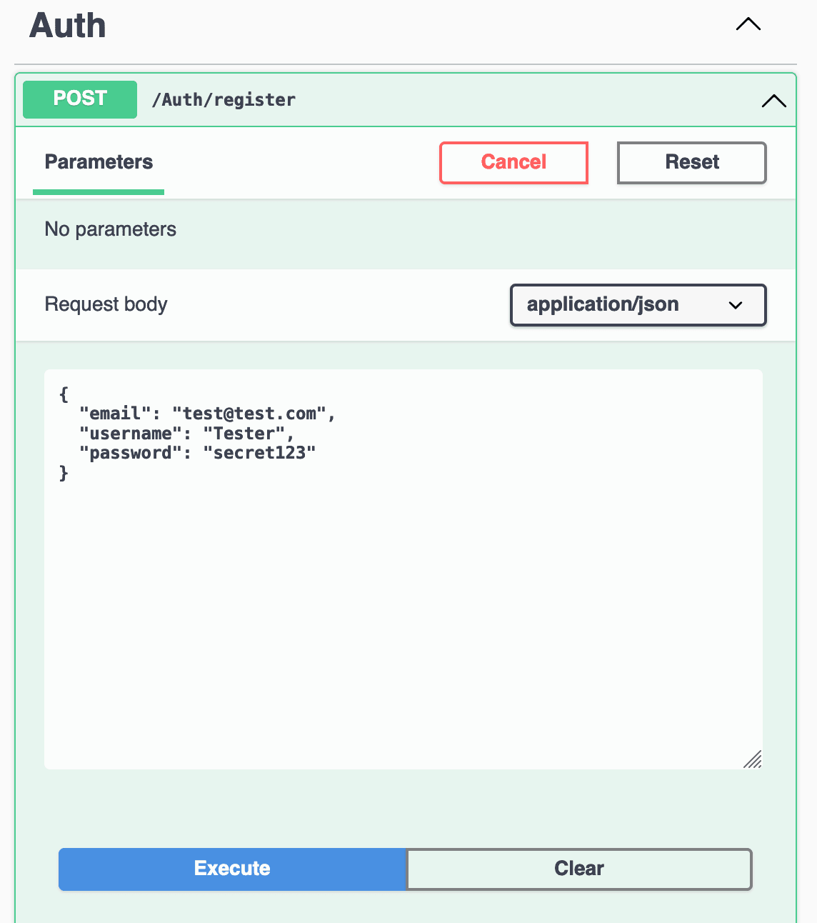 Screenshot of the swagger UI showing the new registration endpoint